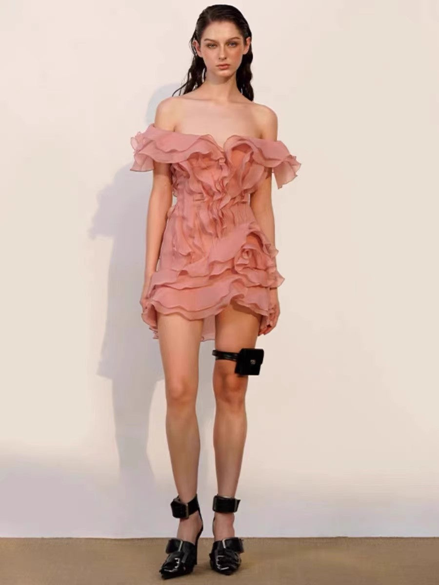 Off-shoulder Dress V-neck Mid-waist Short Skirt
