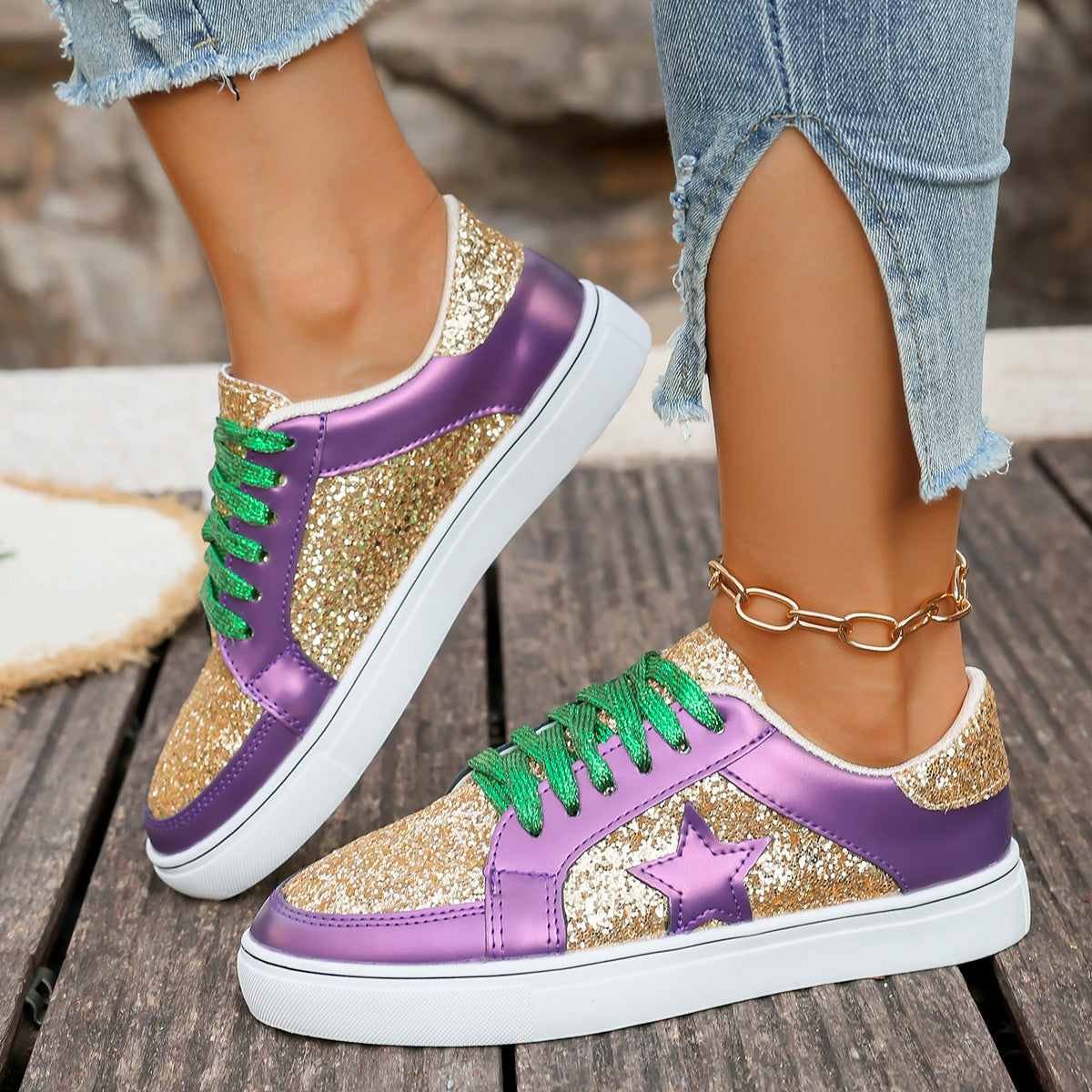 Stylish Flat Chunky-sole Low-top Shoes With Sequins And Lace-up Design