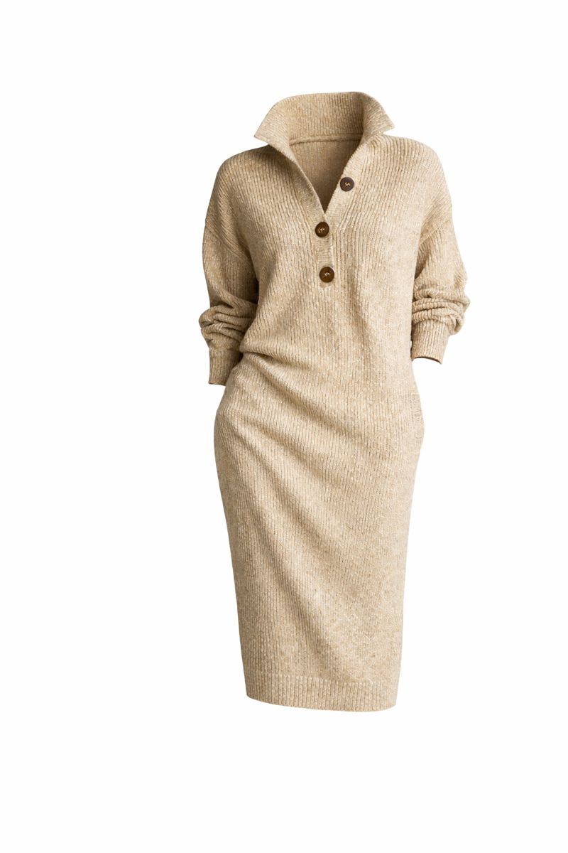 Long-sleeved Sweater Dress Fashion Warm Stand-up Collar V-neck Button Pullover Dresses Winter Casual Commuting Women's Clothing
