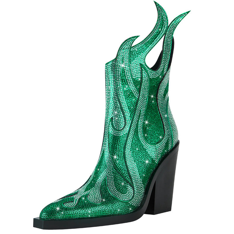 New Sexy Square Toe Chunky Heel Rhinestone Flame Martin Boots