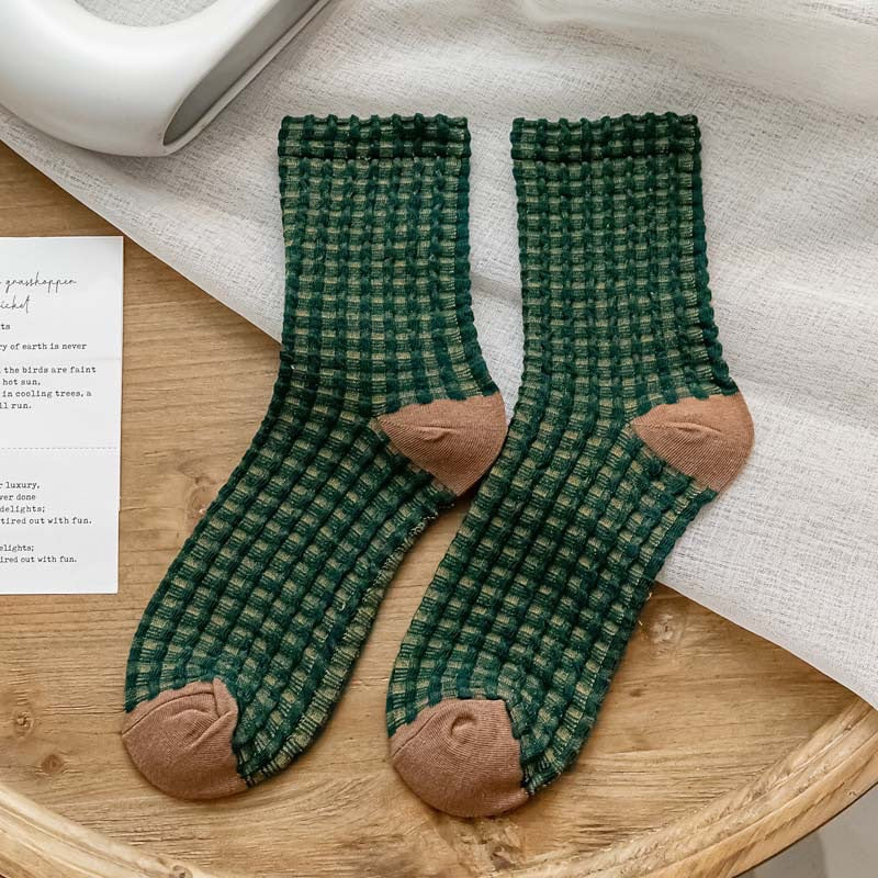 Checkerboard Color-blocked Mid-calf Cotton Sweat-absorbing Long Socks