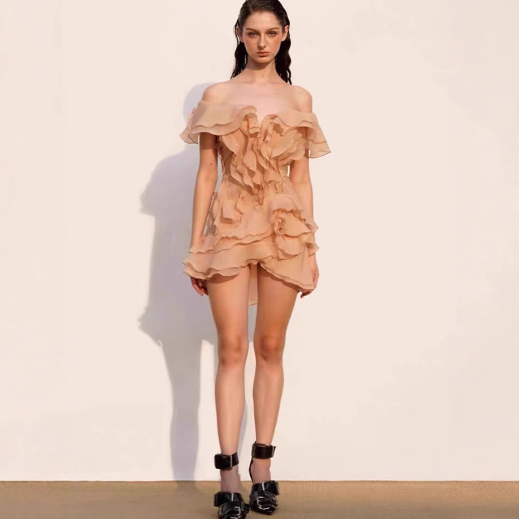 Off-shoulder Dress V-neck Mid-waist Short Skirt