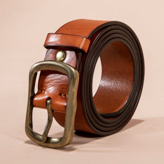 Men's Belt Genuine Leather Top Grain Pure Cowhide Retro Brass Buckle