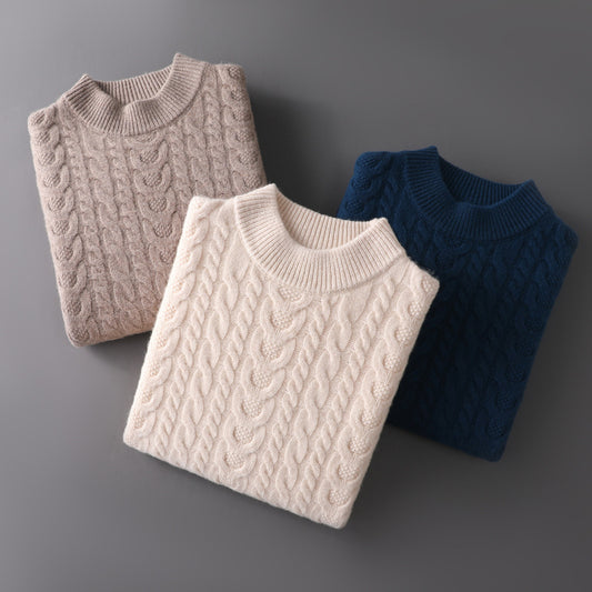 Men's Wool Sweater With Half Turtleneck And Cable Knit