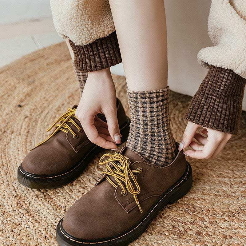 Checkerboard Color-blocked Mid-calf Cotton Sweat-absorbing Long Socks