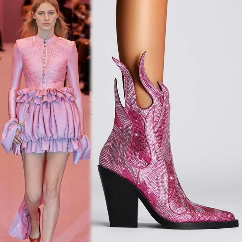 New Sexy Square Toe Chunky Heel Rhinestone Flame Martin Boots