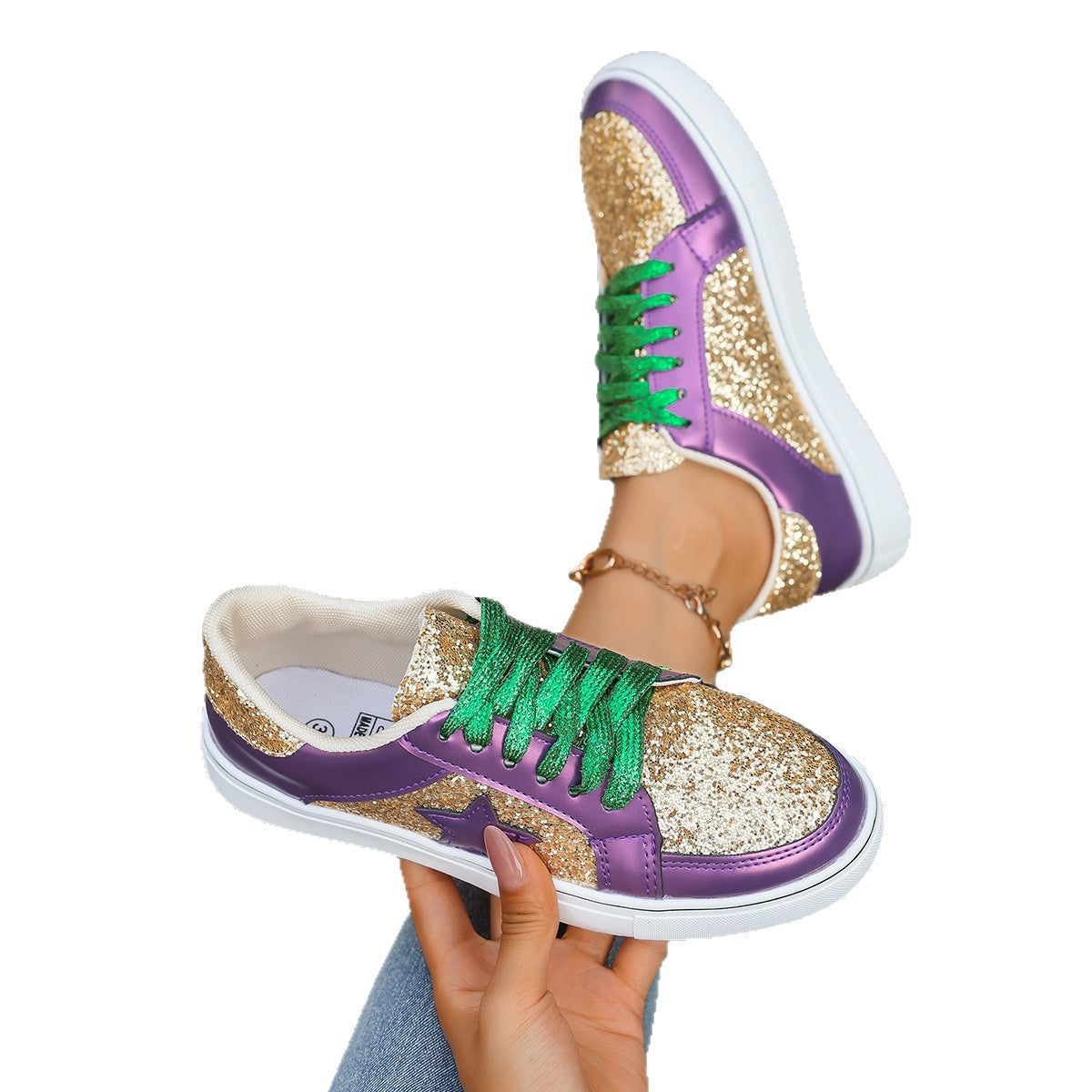 Stylish Flat Chunky-sole Low-top Shoes With Sequins And Lace-up Design