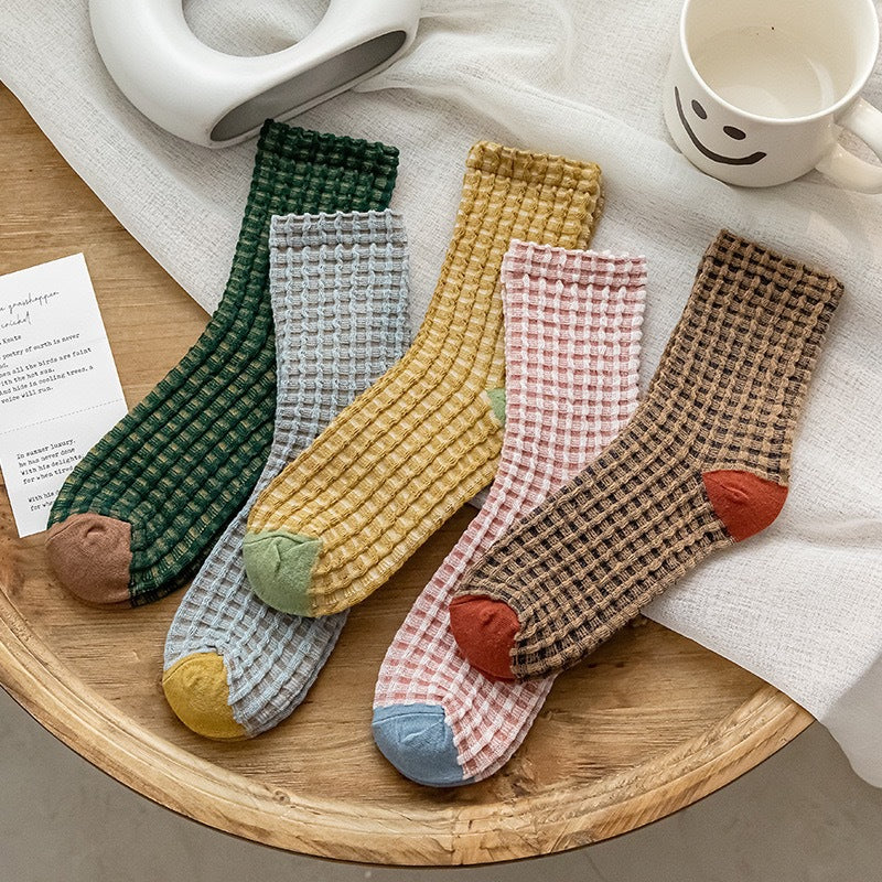 Checkerboard Color-blocked Mid-calf Cotton Sweat-absorbing Long Socks