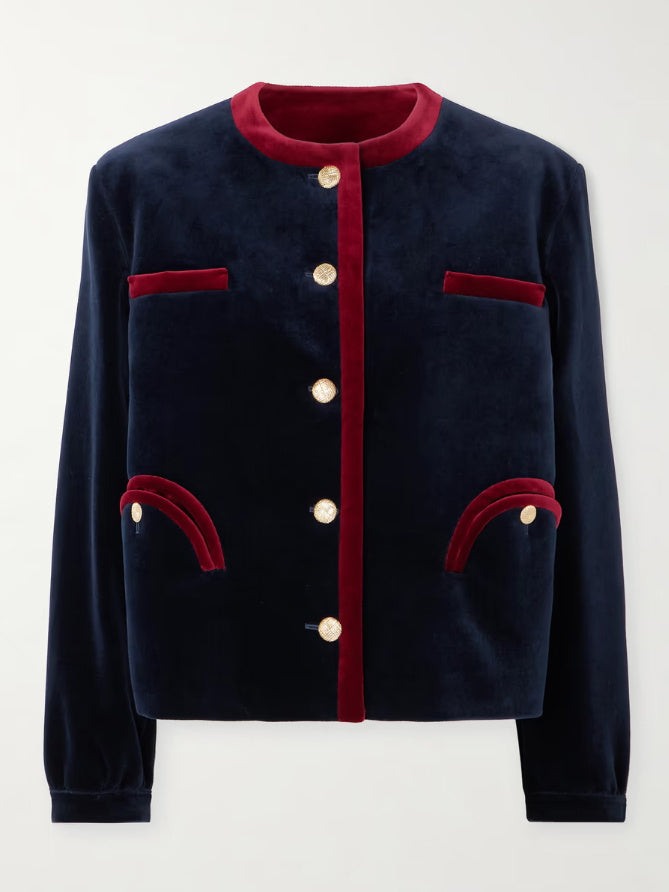 Contrast Color Jacket & Velvet Mini Skirt Set