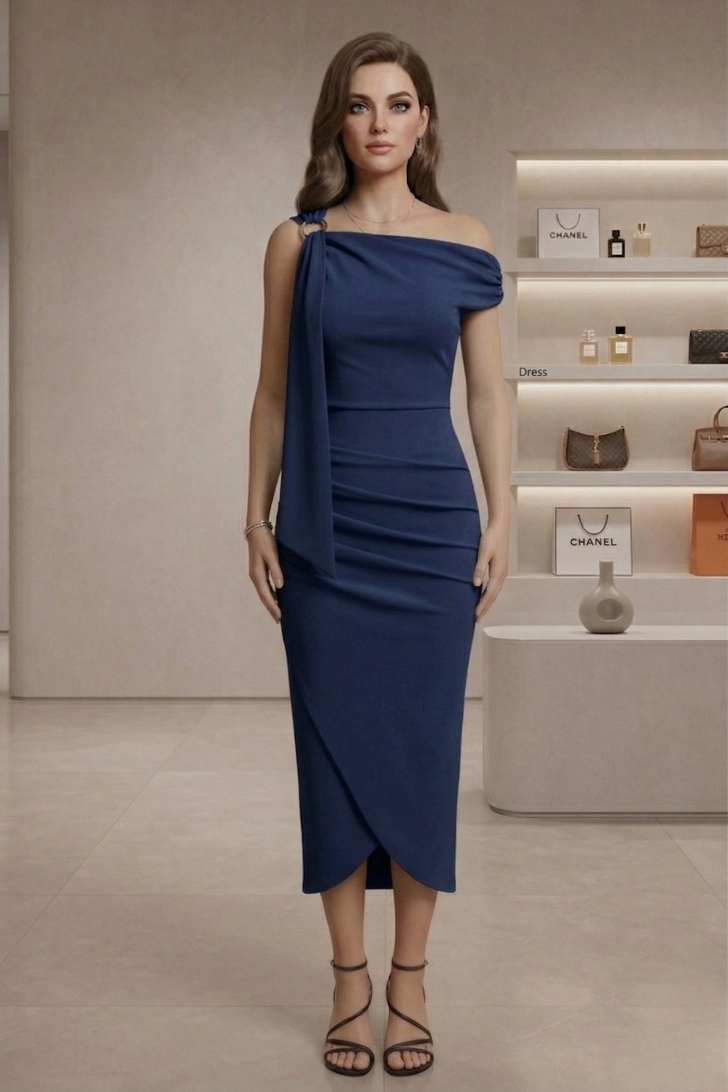 Womens Slash Neck Midi Dress
