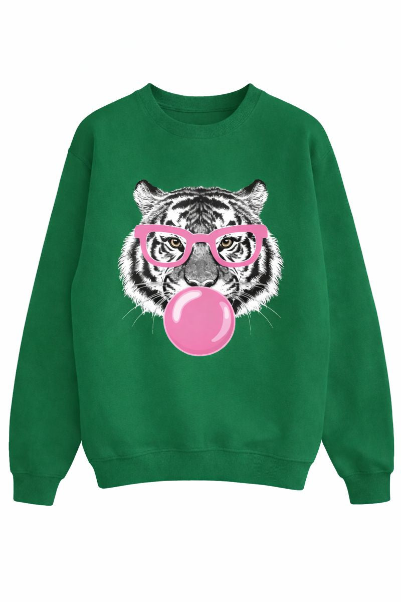 2025 New Women's Comfortable Green Tiger Bubble Gum Pattern Sports Shirt, Long Sleeve Hoodie, Perfect Choice For Autumn And Winter Fashion Women's Clothing