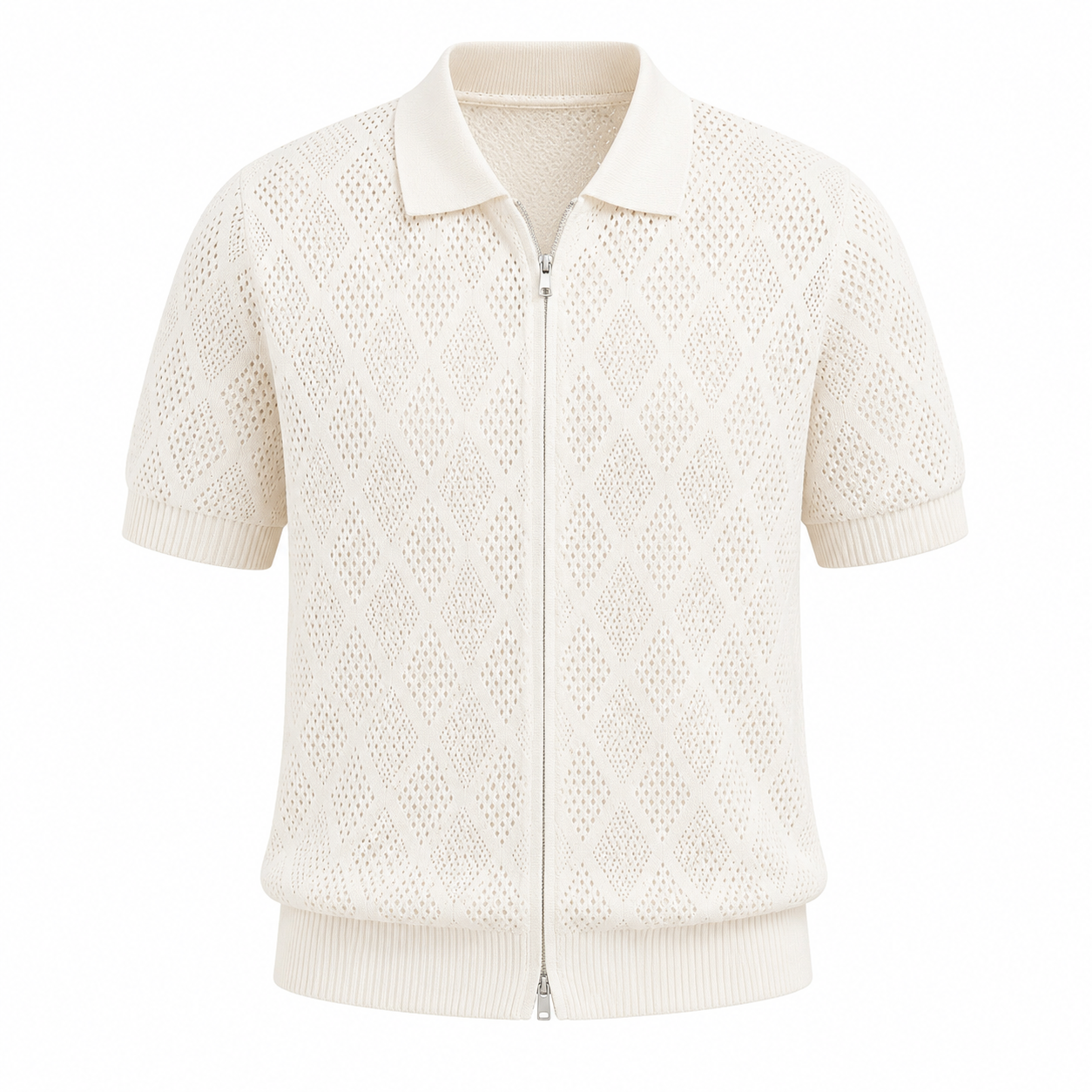 Cotton Zipper Hollow Short Sleeve Lapel Cardigan Casual Top