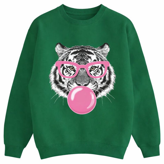 2025 New Women's Comfortable Green Tiger Bubble Gum Pattern Sports Shirt, Long Sleeve Hoodie, Perfect Choice For Autumn And Winter Fashion Women's Clothing