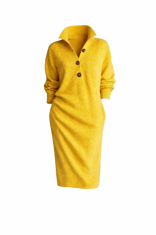 Long-sleeved Sweater Dress Fashion Warm Stand-up Collar V-neck Button Pullover Dresses Winter Casual Commuting Women's Clothing