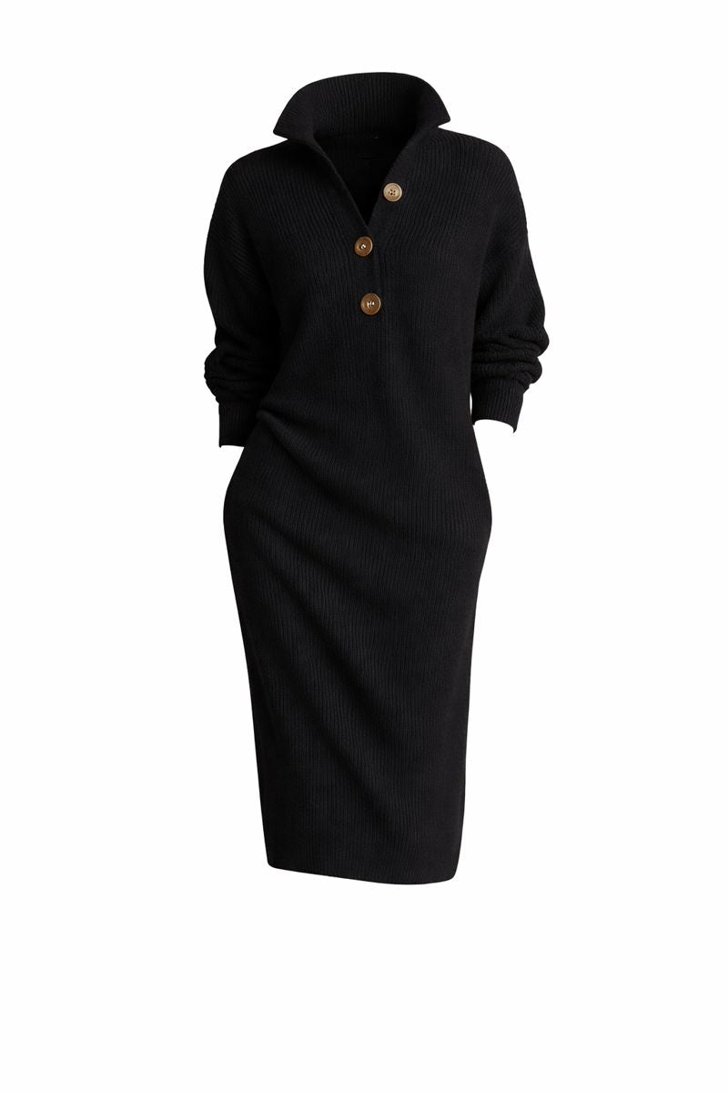 Long-sleeved Sweater Dress Fashion Warm Stand-up Collar V-neck Button Pullover Dresses Winter Casual Commuting Women's Clothing