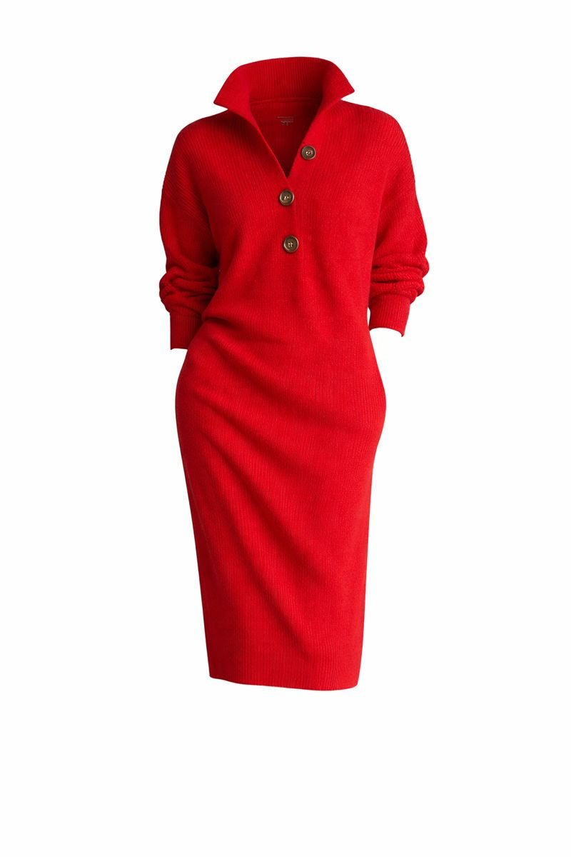 Long-sleeved Sweater Dress Fashion Warm Stand-up Collar V-neck Button Pullover Dresses Winter Casual Commuting Women's Clothing