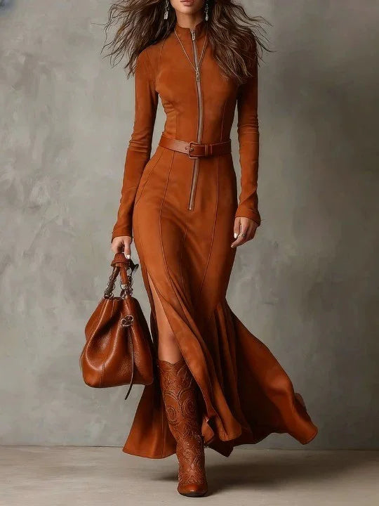 Slim Zipper Dress Elegant Temperament Split Long-sleeved Dresses Cowboy Fashion Retro Women's Clothing