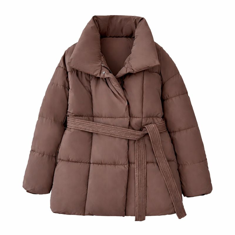 Winter Plaid Sewing Lapel Coat With Lace-up Design Fashion Loose Solid Thick Jacket Outerwear Women's Clothing