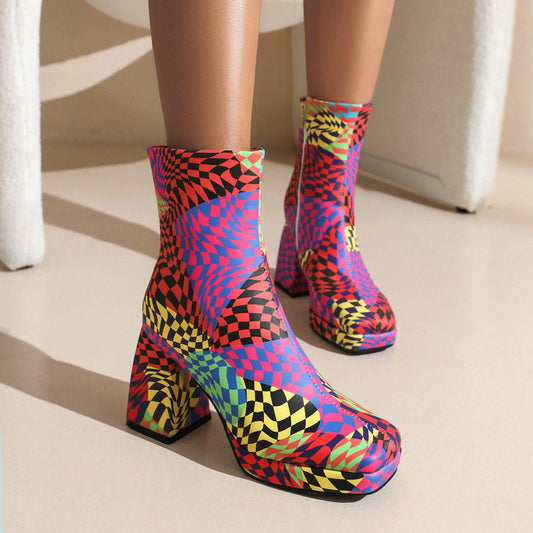 Square Toe Short Tube Women's Boots Printed Fabric