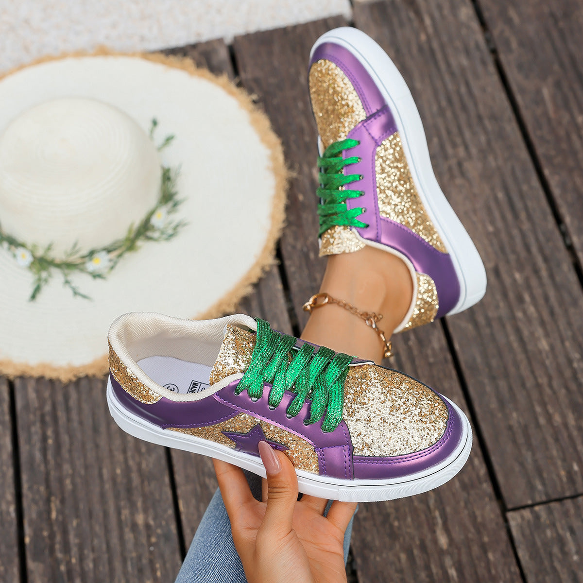 Stylish Flat Chunky-sole Low-top Shoes With Sequins And Lace-up Design